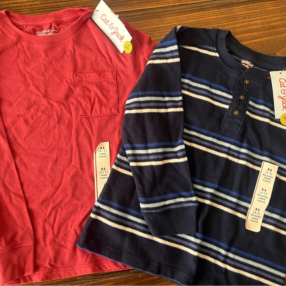 Cat & Jack Kids' Red and Navy Striped Long Sleeve Tees NEW